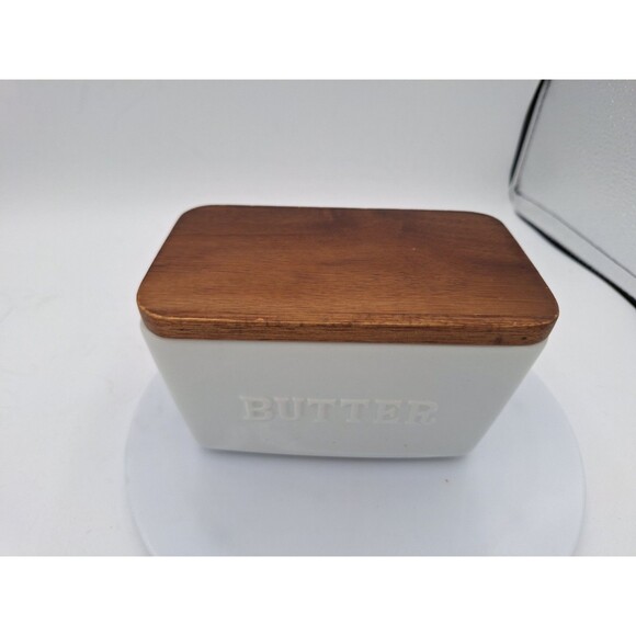 Better‎ Homes Gardens Porcelain Embossed Butter Dish Farmhouse Acacia Wood White - Picture 5 of 9